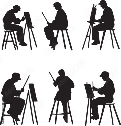 Silhouette Art: Artists Painting on Easels, Creative Hobby, Black and White Vector Illustration of Painters at Work, Studio Art Concept