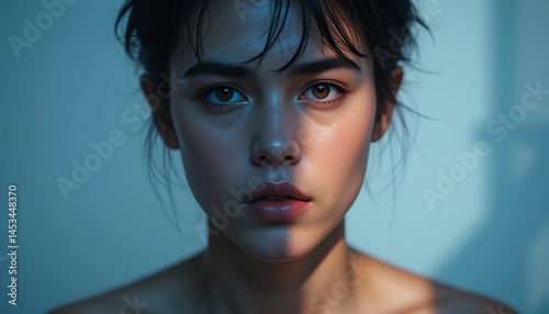 Woman Portrait with Dramatic Shadow on Face in Blue Lighting