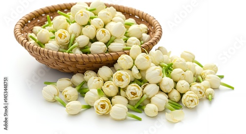 Close-up shot of a woven basket overflowing with fresh jasmine flowers, spilling onto a bright white surface, showcasing natural beauty and fragrance