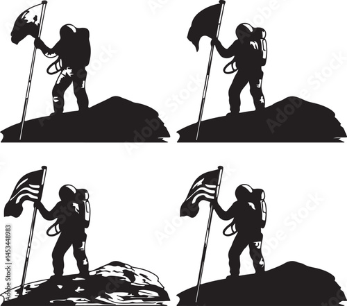 Astronaut Silhouette Planting Flag on Moon: Vector Illustration of Space Exploration, Lunar Landing, Achievement, and Patriotic Symbolism Graphic