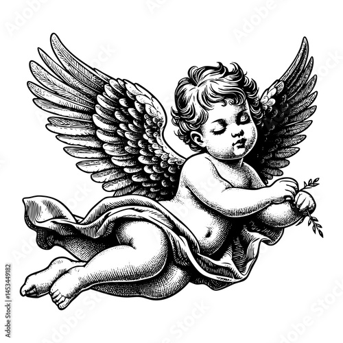 flying baby angel engraving black and white outline. Scratch board imitation.