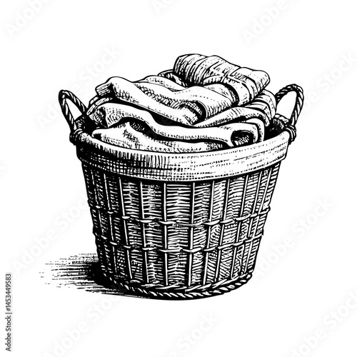 Wicker basket filled with folded clothes sketch engraving black and white outline. Scratch board imitation.