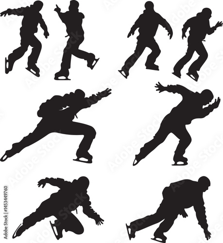 Silhouette Vector Art of Speed Skaters in Action: Dynamic Black and White Illustration of Ice Skating Athletes for Sports Design Projects