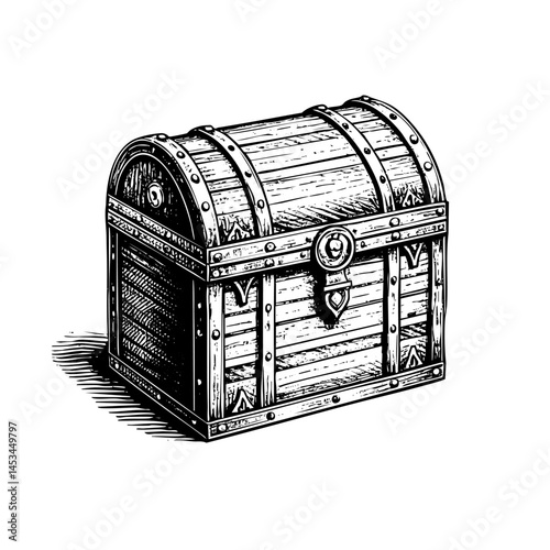 Treasure chest sketch engraving black and white outline. Scratch board imitation.