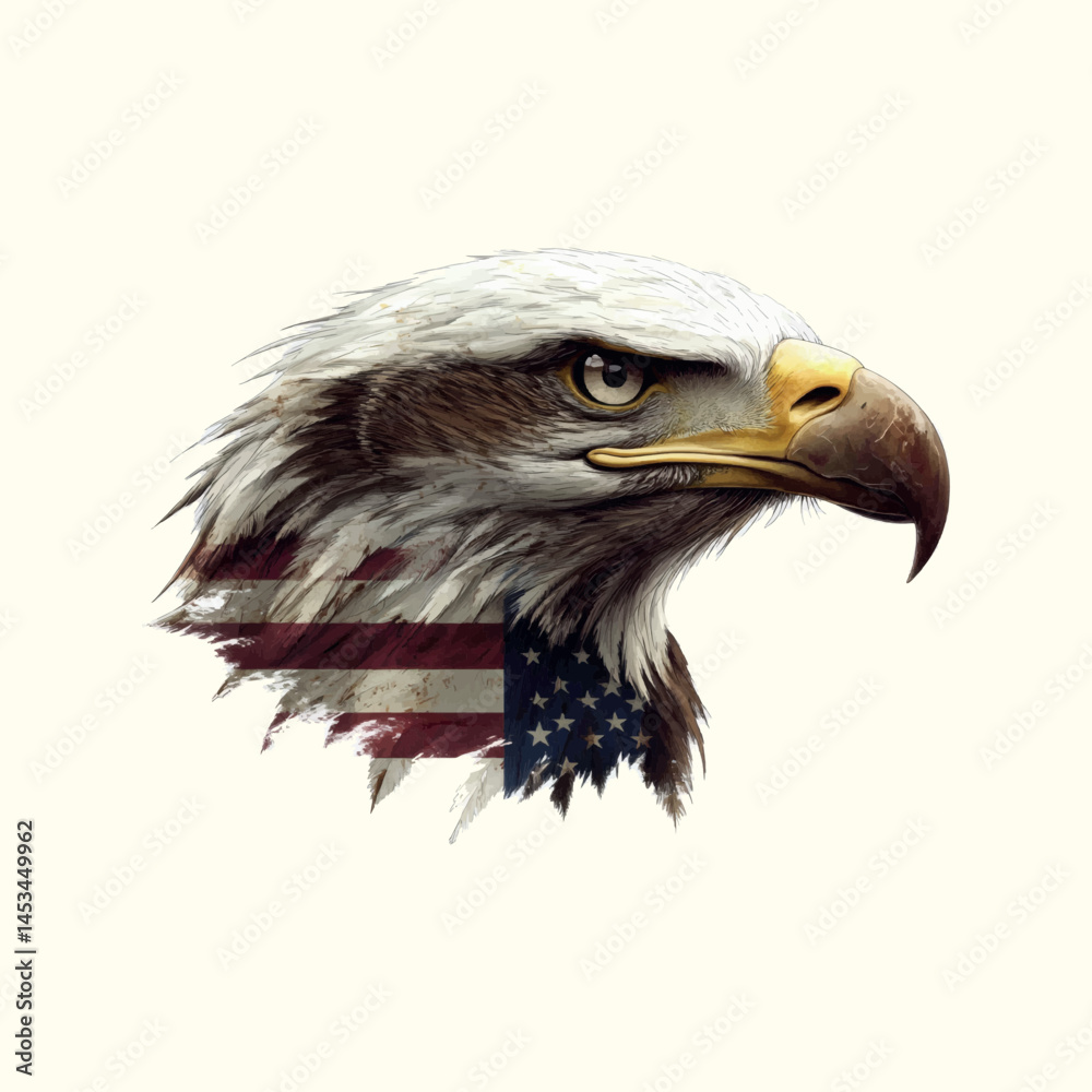 Fototapeta premium Realistic Bald Eagle Head with American Flag Brush Effect Vector,Generative Ai