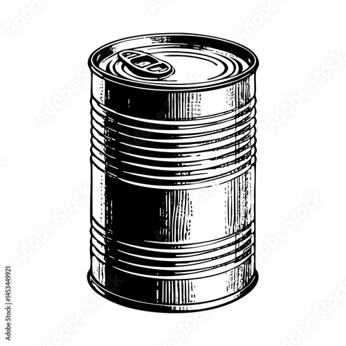 Tin can sketch engraving sketch engraving black and white outline. Scratch board imitation.  illustrated in vintage line art style on a white background.