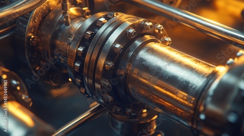 Closeup view of a shiny metallic refinery valve under bright industrial lighting with pressurized fuel flowing through the surrounding pipes and machinery.