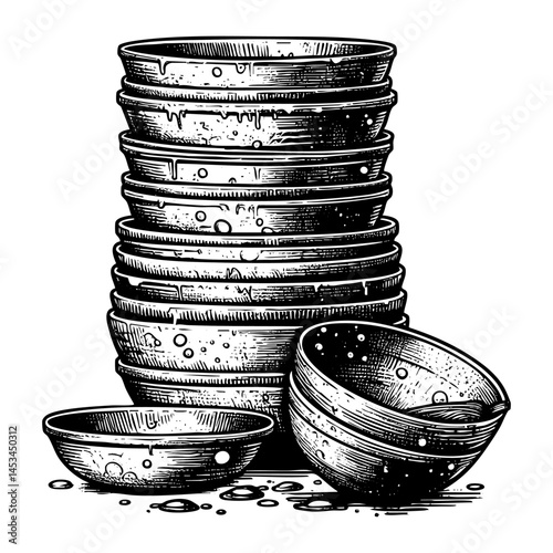 Pile of dirty bowls sketch engraving black and white outline. Scratch board imitation.  illustrated in vintage line art style on a white background.