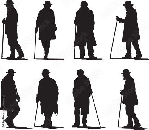Silhouetted Elderly Men with Canes: Vector Illustration of Senior Citizens in Hats and Coats, Walking Stick Support, Old Age, Black and White Graphics