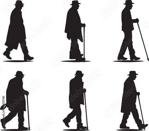 Silhouette Vector Art of Elderly Man Walking with Cane: Illustration of Senior Citizen in Hat and Coat for Graphic Design Projects