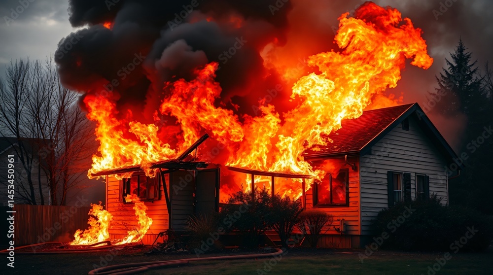 Obraz premium House engulfed in flames a devastating fire scene.