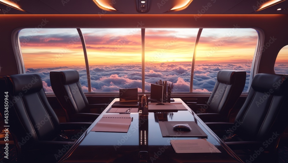 Fototapeta premium Luxury Airplane Office with Sunset Cloudscape View