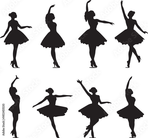 Silhouette of Ballerinas: Elegant Black and White Vector Illustration of Dancing Women in Tutus, Ballet Poses, and Graceful Movements