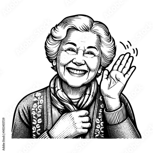grandmother waving hand up engraving black and white outline. Scratch board imitation.