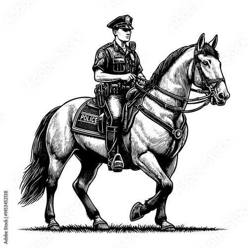 Police officer riding horse sketch engraving black and white outline. Scratch board imitation.  illustrated in vintage line art style on a white background.