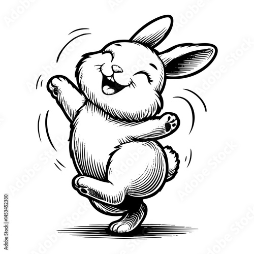 Rabbit dancing sketch engraving black and white outline. Scratch board imitation.  illustrated in vintage line art style on a white background.