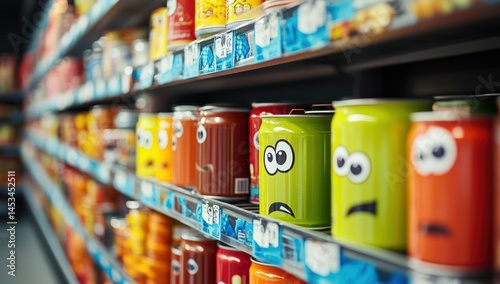Colorful Cans with Faces on Supermarket Shelves photo