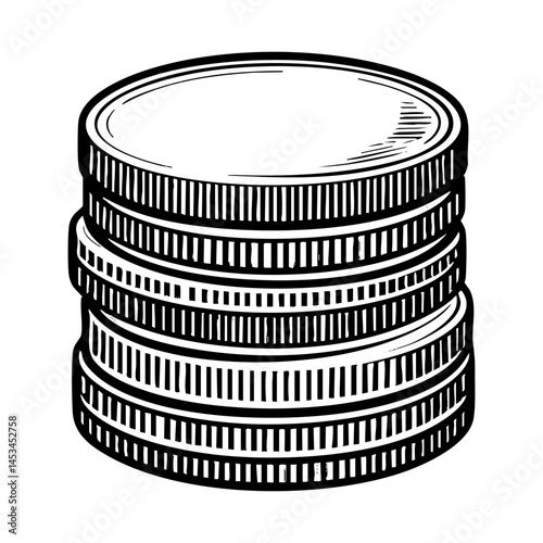 Coin stack sketch engraving black and white outline. Scratch board imitation.  illustrated in vintage line art style on a white background.