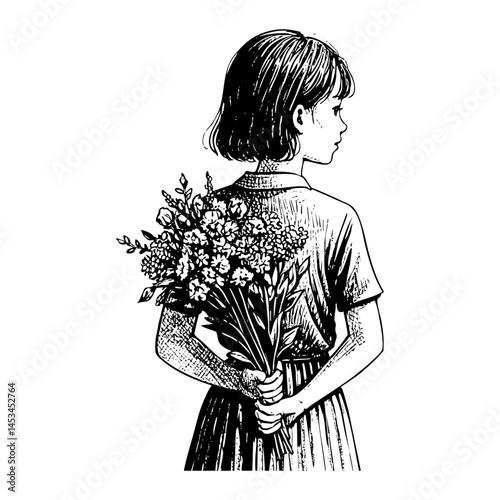 Girl holding flower bouquet engraving black and white outline. Scratch board imitation.  illustrated in vintage line art style on a white background.