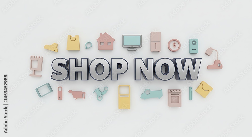 Shop Now with Pastel Home Objects on White Background Shop Now with Pastel Home Objects on White Background