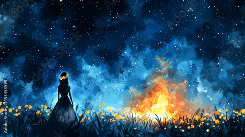 Abstract Star-Filled Sky For Ivan Kupala Night Festival Banner, Celestial Pagan Celebration Background With Vibrant Colors And Ample Copy Space