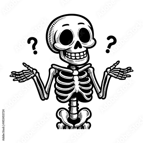 Skeleton shrug sketch engraving black and white outline. Scratch board imitation.  illustrated in vintage line art style on a white background.