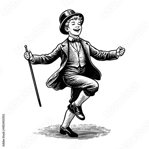 Happy kid dancing sketch engraving black and white outline. Scratch board imitation.