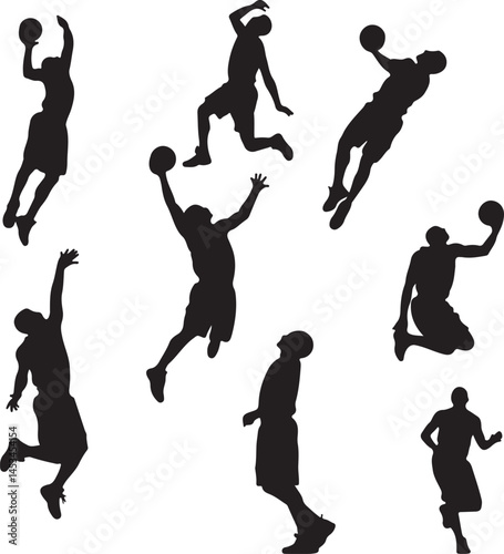 Basketball Player Silhouettes: Vector Art Illustration of Athletes in Action, Jumping, Shooting, and Dribbling - Sports Graphics Design