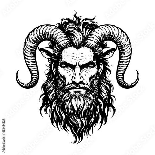 Satyr portrait sketch engraving black and white outline. Scratch board imitation.  illustrated in vintage line art style on a white background.