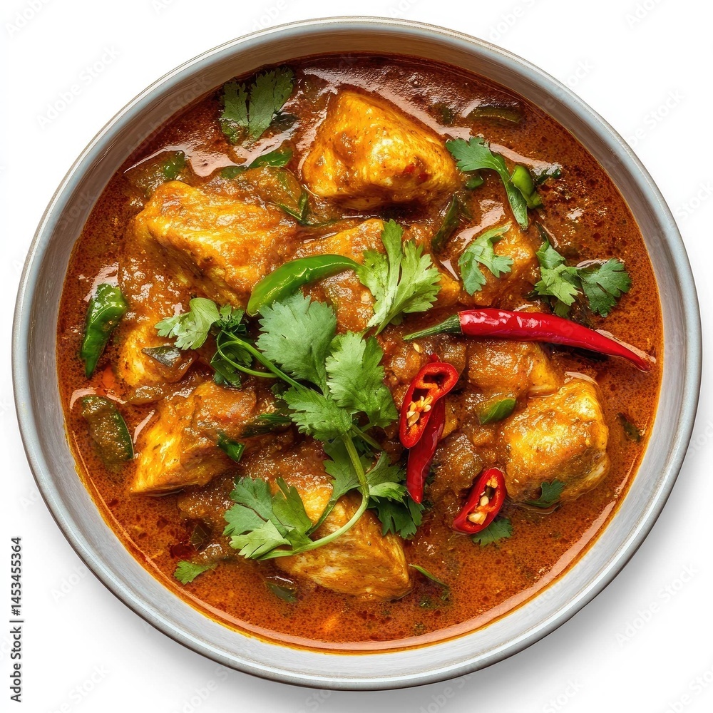 Delicious and spicy chicken curry served in a bowl with fresh cilantro Delicious and spicy chicken curry served in a bowl with fresh cilantro