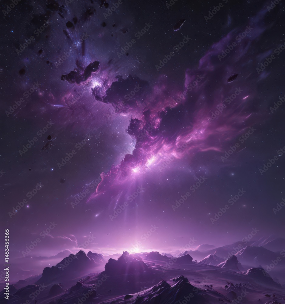 Naklejka premium Purple night, cosmic dust clouds, glittering star cluster , space, stars, deep space