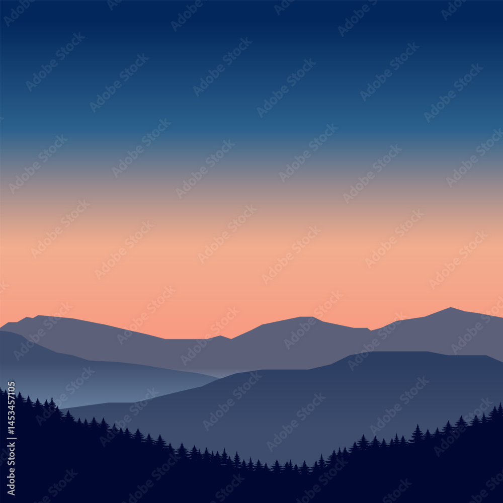 Vector illustration of a mountain range with dense pine forest and blue sky. Ideal for nature themes, backgrounds, and adventure design. Vector illustration of a mountain range with dense pine forest and blue sky. Ideal for nature themes, backgrounds, and adventure design.