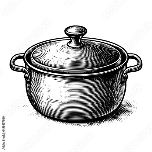Kitchen pot sketch engraving black and white outline. Scratch board imitation.