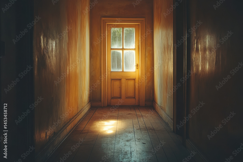 Sunlight streams through a window, illuminating a hallway with wooden floors and plants. Sunlight streams through a window, illuminating a hallway with wooden floors and plants.