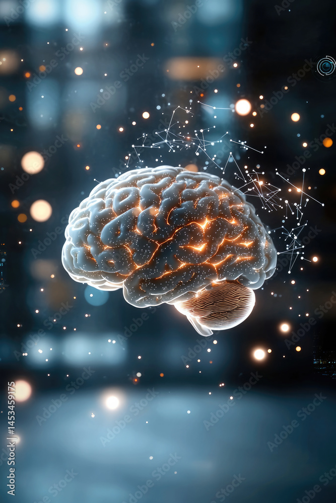Fototapeta premium Human brain suspended in midair, illuminated with glowing neural connections and surrounded by abstract digital particles, symbolizes intelligence, technology, and futuristic innovation