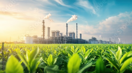Industry contrast green field and refinery, depicting industrialization effect