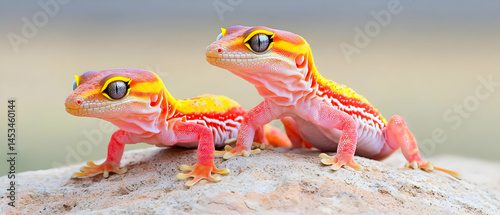 Two Colorful Baby Geckos On Light Beige Ground photo