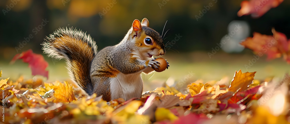 Obraz premium Squirrel Eating Nut In Autumn Leaves