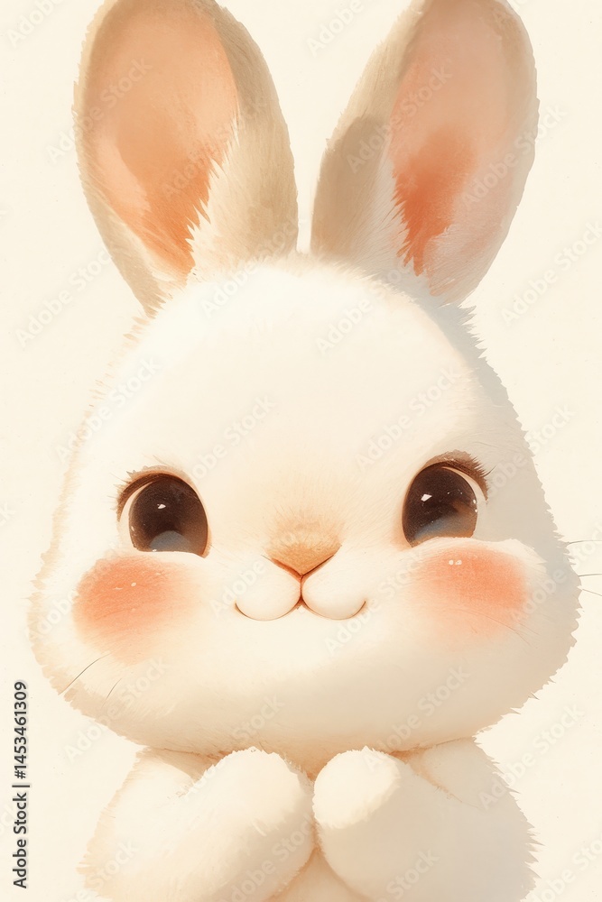 Fototapeta premium Cute white bunny with big eyes and pink cheeks smiling sweetly at viewer