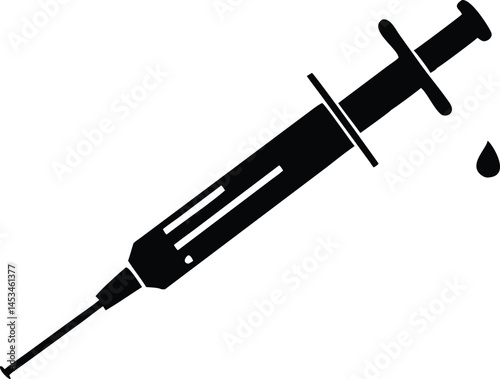 A black syringe with a needle is illustrated, with a drop coming out on transparent background