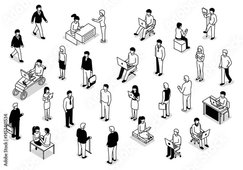 Isometric People: Monochrome Line Art Illustration AI Generated