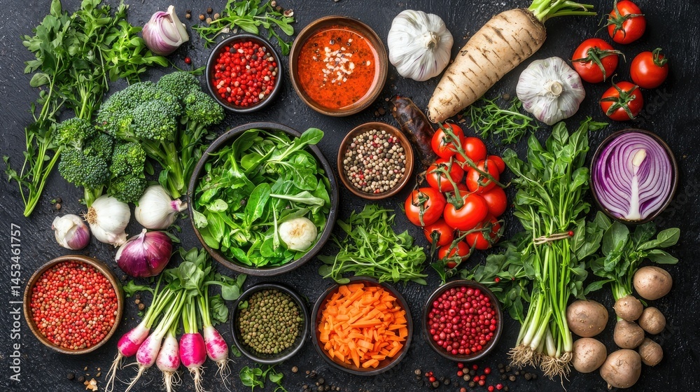 Fresh Colorful Vegetables and Herbs for Healthy Cooking Display