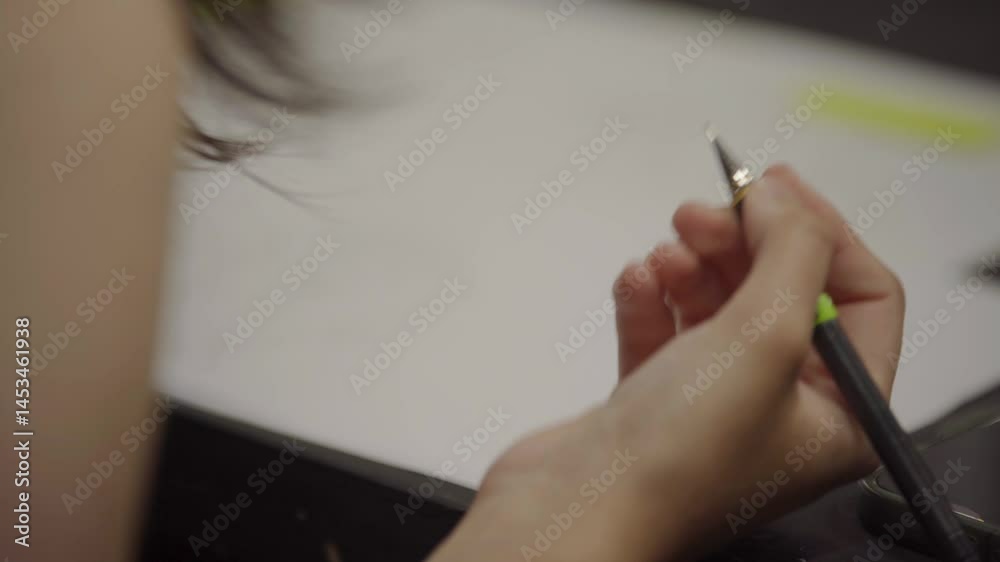 Chica dibujando en una hoja con lápiz, expresión artística, proceso creativo. Estilo de vida artístico, concentración, trabajo manual.