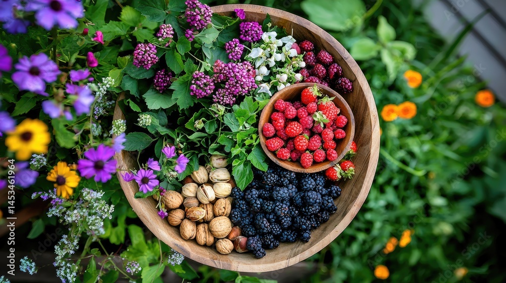 Fresh Berries and Nuts Arrangement in Wooden Bowl Surrounded by Flowers