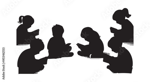 Silhouette of Children Reading Books in Group"Children Using Tablets Silhouette