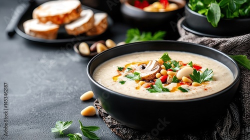 Creamy Soup with Vegetables and Nuts in a Bowl on Rustic Table