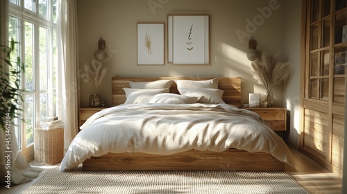 Serene bedroom interior featuring a natural wood bed frame and soft, neutral bedding