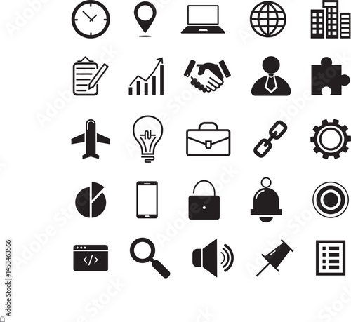Collection of Business Icons in White on Black