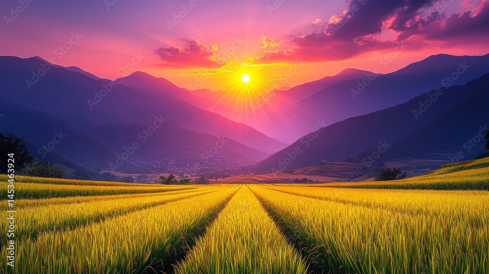 Fototapeta premium Golden rice paddies, vibrant sunset, majestic mountains. 