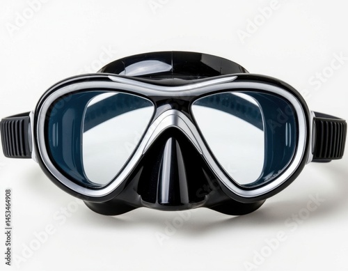 Close-up image of sleek black diving goggles with clear lenses, designed for underwater exploration and providing enhanced vision.